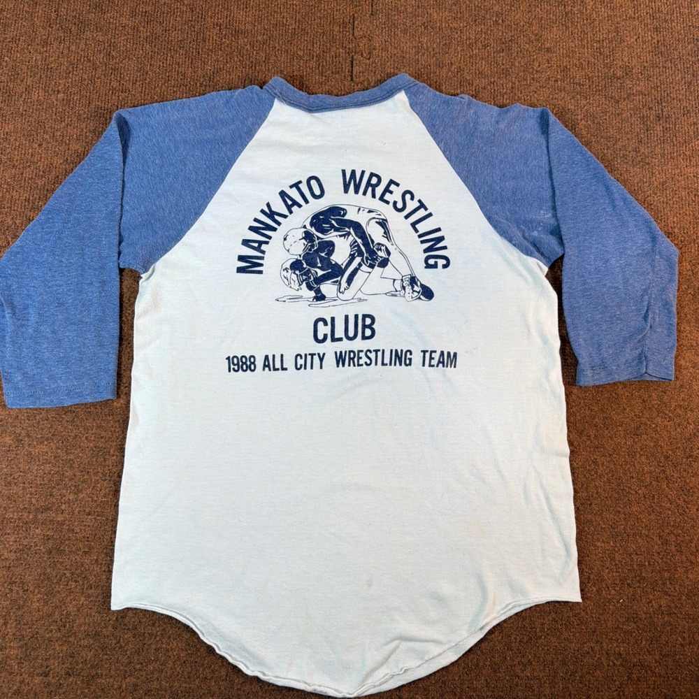 Vintage 1988 Mankato Wrestling Club Raglan Shirt Blue White 80s Graphic Tee 3082